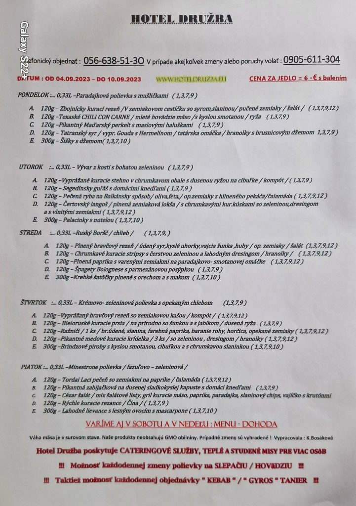 Denné menu – Hotel Družba