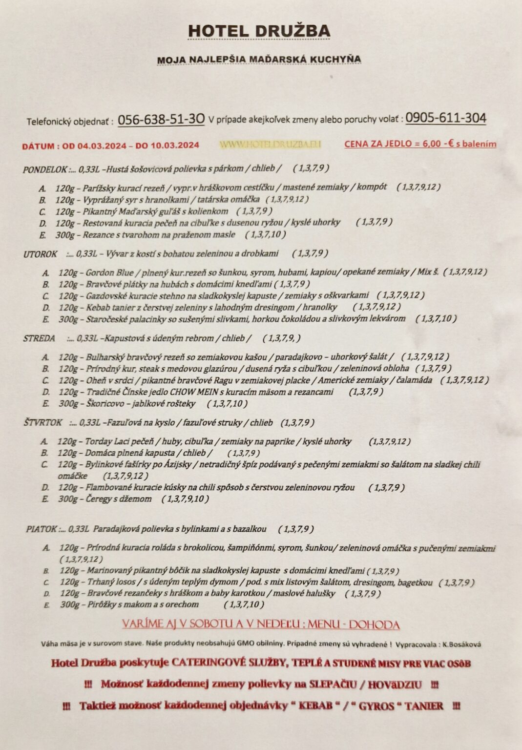 Denné menu – Hotel Družba